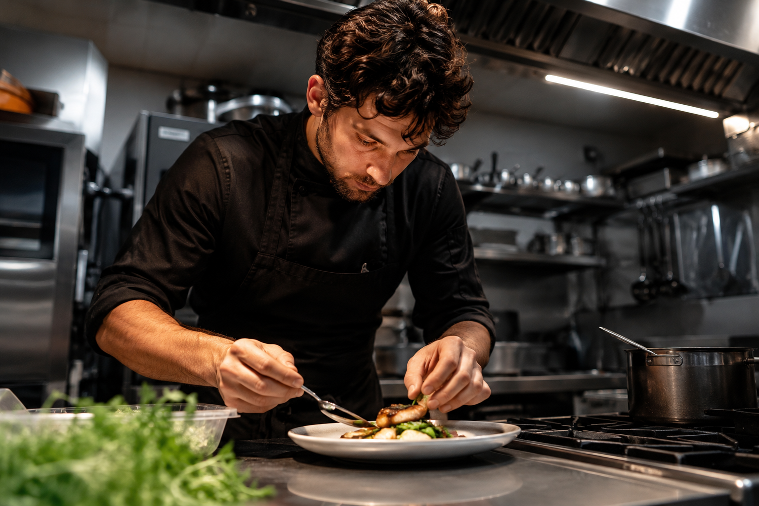 zelfstandig werkend kok aan het werk in de keuken van een restaurant